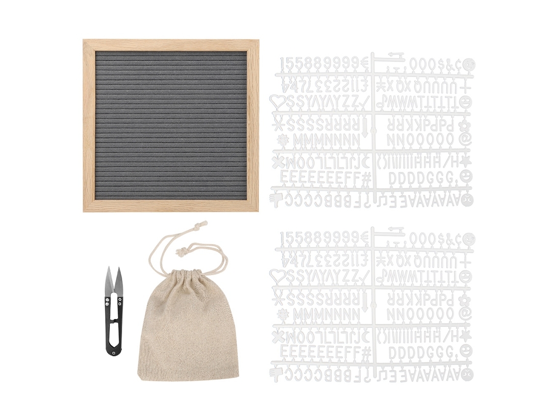 Painel de feltro com letras e números intercambiáveis, decoração de quarto cinza