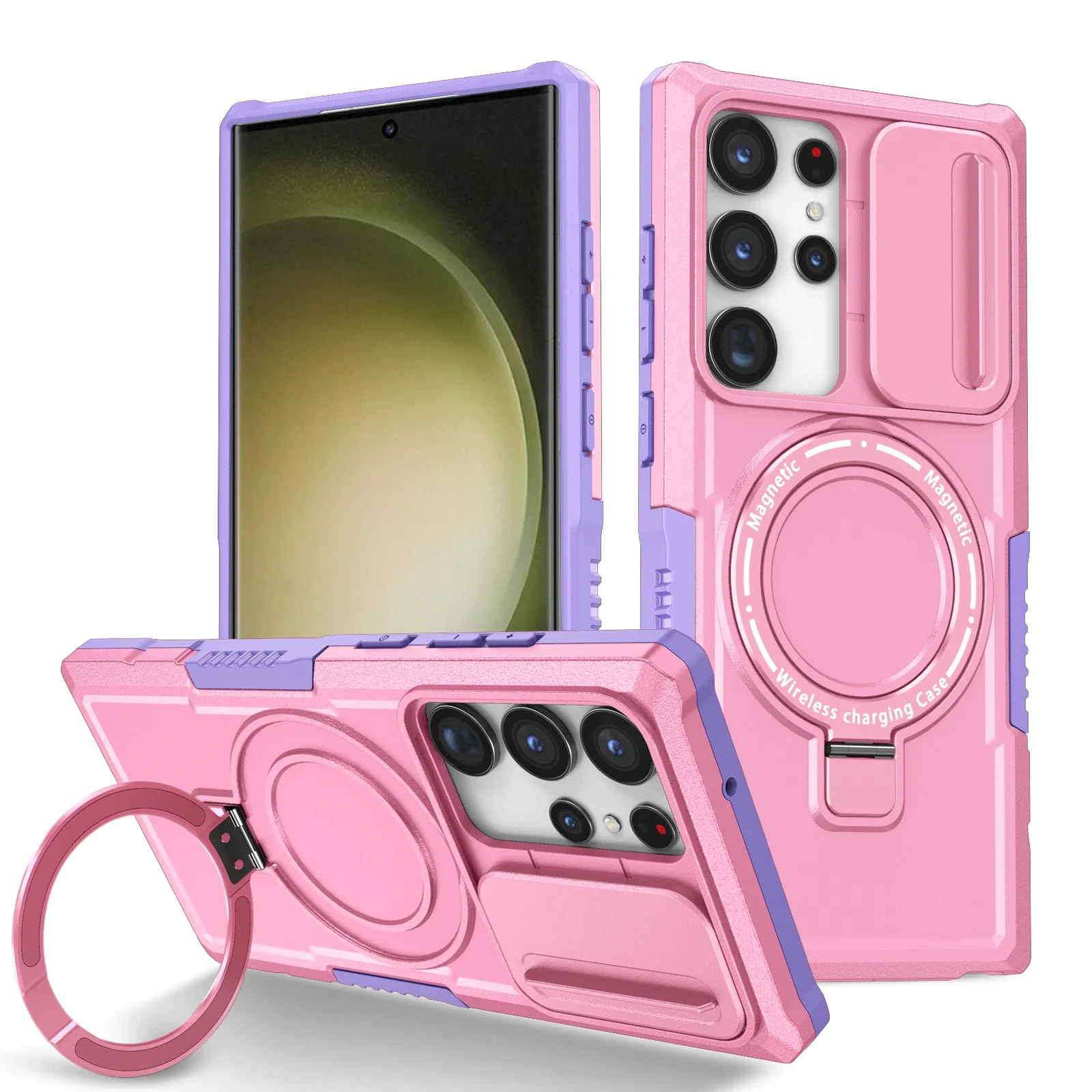 Capa Protetora Reforçada (roxa/rosa) Para Galaxy S24 Fe Com Suporte Para Carro E Carregamento Sem Fio Magnético.