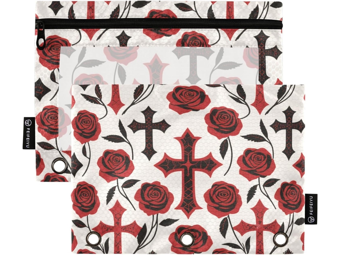 Gothic Argolas Paste Vermelha E Preta Halloween Com 3, Capa Transparente Com Janela, Fecho De Zíper, Ilhós E