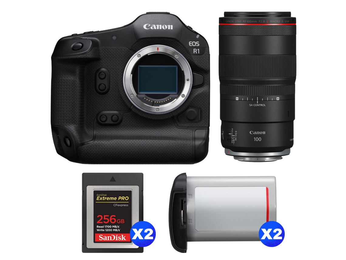 Eos R1 + Rf 100mm F/2.8 L Macro Is Usm + 2 Sandisk 256gb Extreme Pro Cfexpress Type B + 2 Canon Lp e19 + Ebook Pricedirect CANON