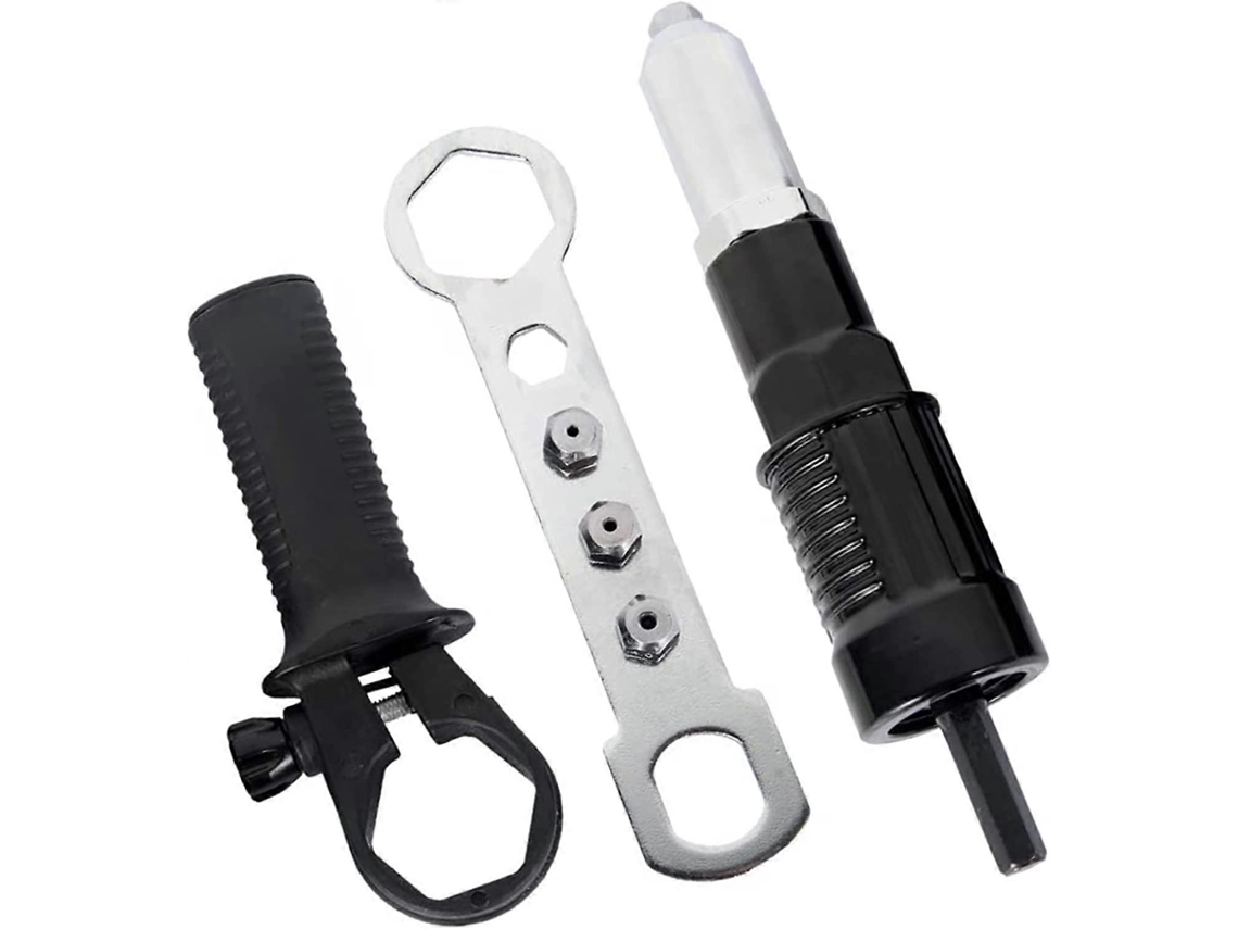 Pistola de Remachar Elétrica com Adaptador de Furadeira, Cabo Preto, Chave de Remaches Diâmetro 2.4/3.2/4.0/4.8mm S/MARCA