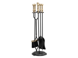 Conjunto de 5 Ferramentas para Lareira Ferro Forjado, com Suporte Cinco Pontas, Pinças, Pá Cinzas, Escova e Atizador, Interior Exterior, Preto Latão,