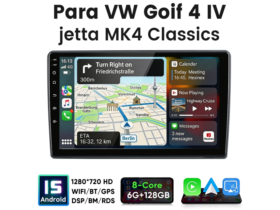 Rádio Carro Hexinex 9" 6gb+128gb Android 15 8 Núcleos Wifi Para Vw Golf Iv Jetta Mk4 Carplay Android Auto