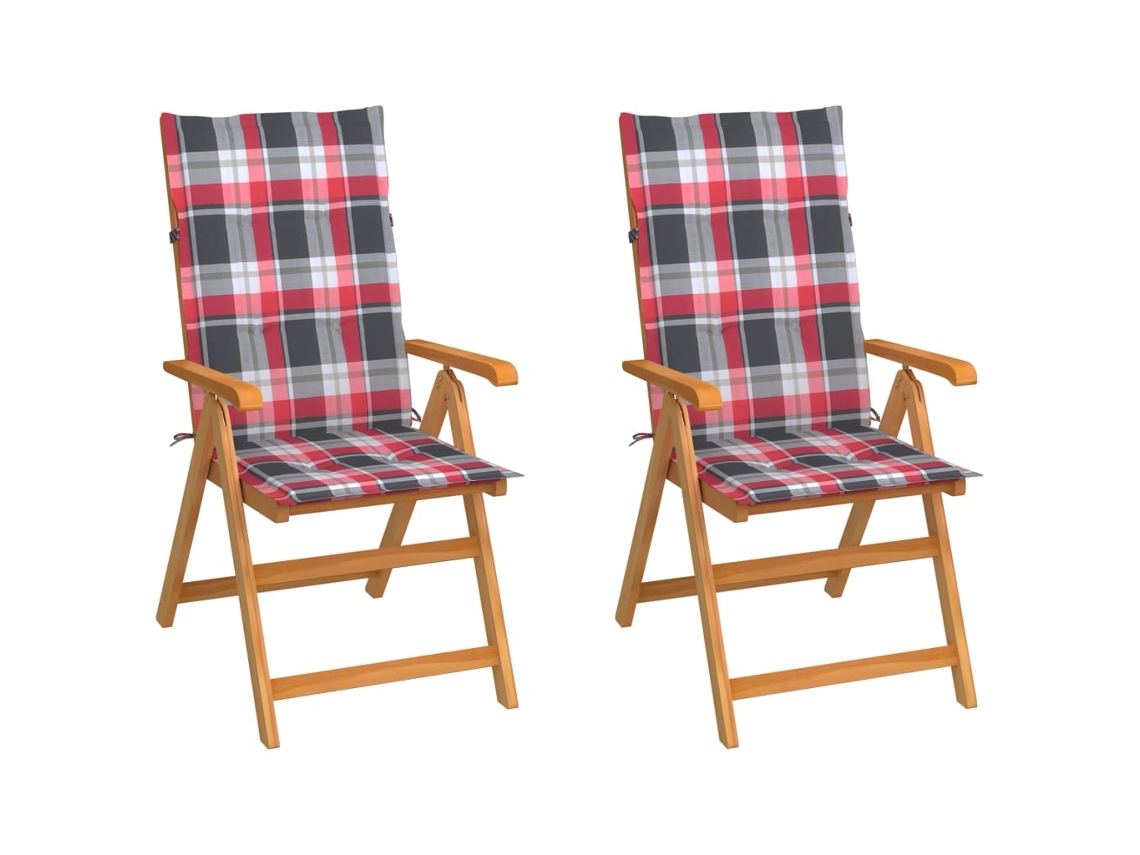 Cadeiras Jardim C/ Almofadões Xadrez Vermelho 2 Pcs Teca Maciça Dkd Home Decor