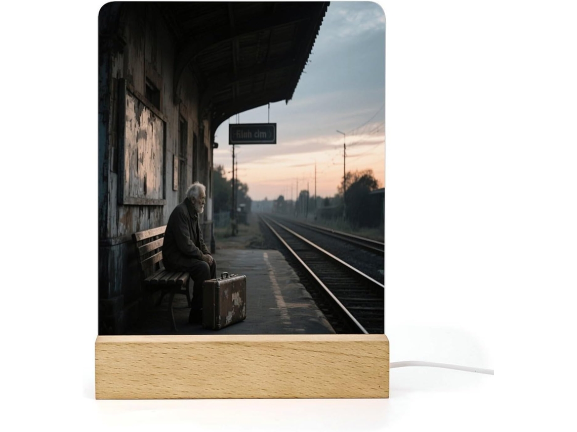 Luminária Noturna De Led Com Plataforma Estação Trem Vintage Ao Entardecer, Luminária Noturna De Acrílico Com Base