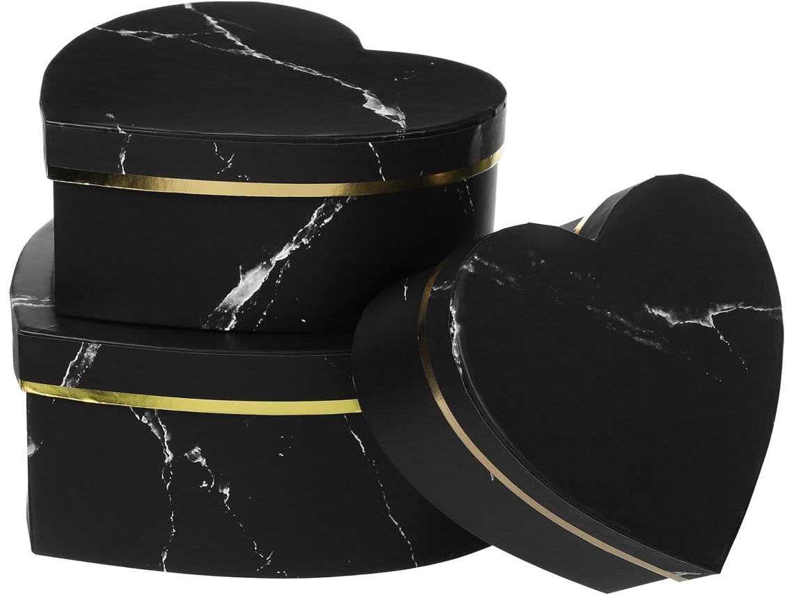 Conjunto De 3 Caixas De Flores Em Formato De Coração Em Papel Preto Com Acabamento Em Cobre, Duráveis E Resistentes.