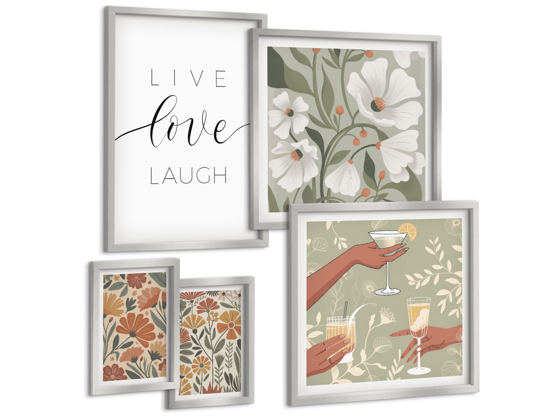 Pinturas Murais Modernas Flores, Padrões De Fundo Pastel Moldura Prateada Quadros Para O Escritório Espelharte (conjunto De 5 Imagens)