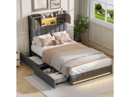 Cama Infantil Solteiro 90x200 Cm Com Arrumação, Led, 2 Gavetas, Cabeceira Com Arrumação E Estrado De Ripas, Linho, Cinzento, Sem Colchão