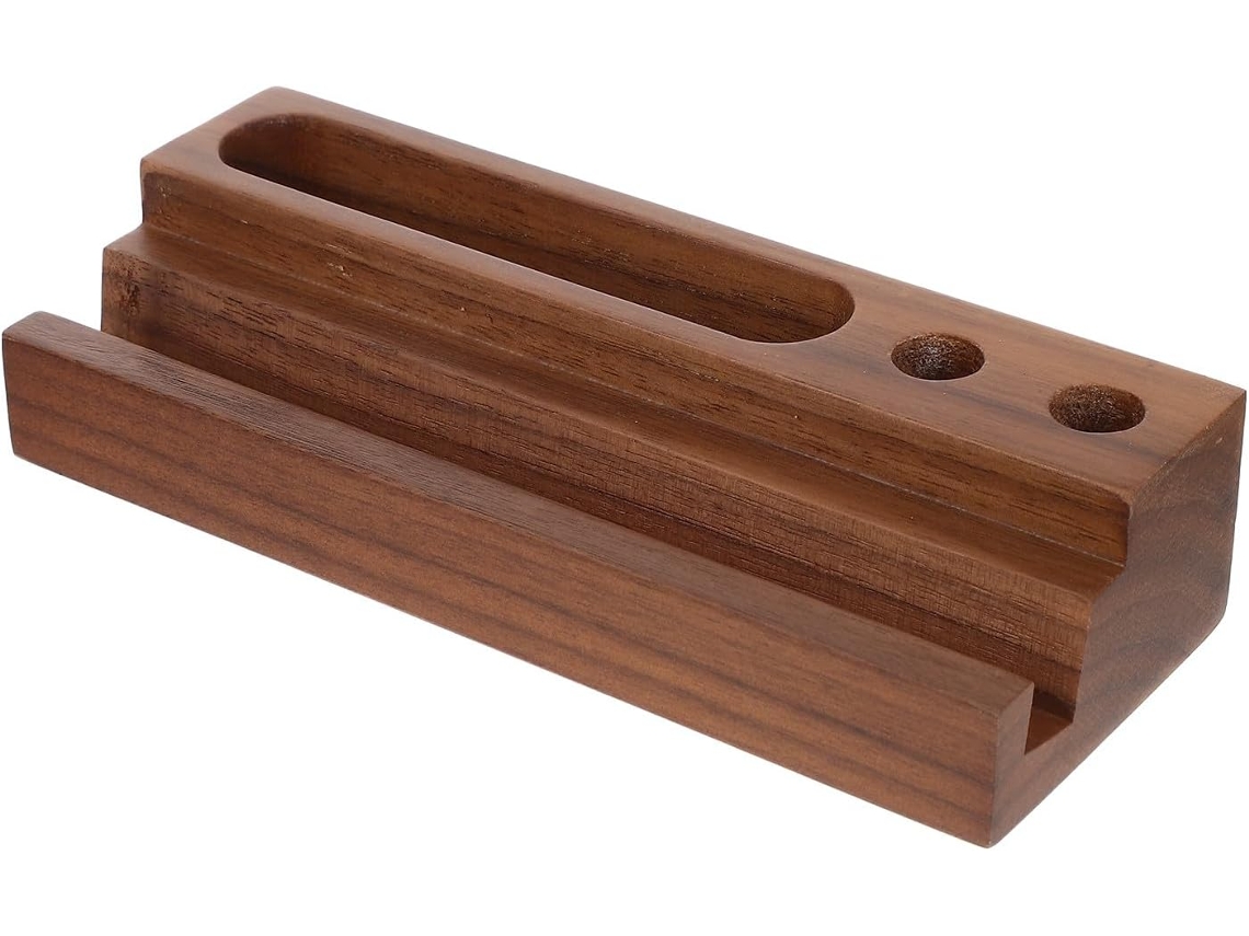 Suporte para Celular Garneck em Madeira de Nogueira, Porta canetas Multifuncional, Organizador Mesa Compacto C