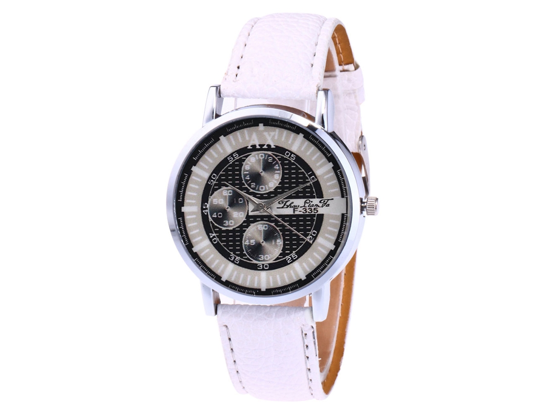 Relógio de pulso masculino de quartzo com pulseira de couro PU branca.