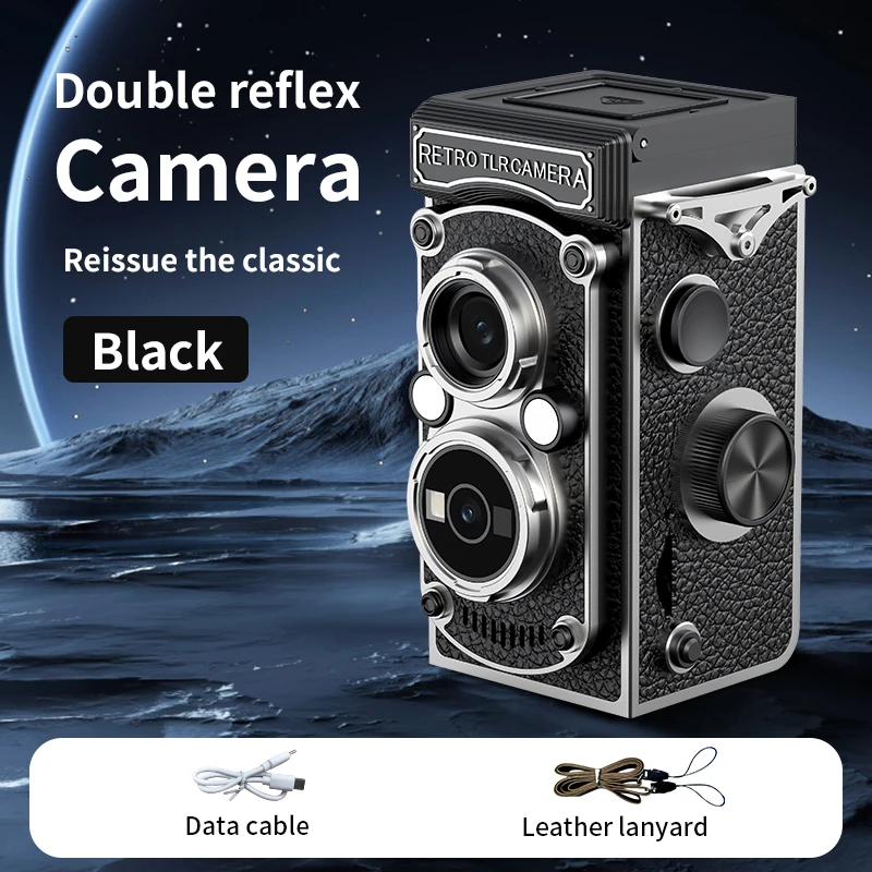 Mini Câmera Digital Retrô, Design de Lente Dupla 1080p, Câmera Portátil de 1,54 Polegadas MDUG (preta, Sem Cartão Sd)