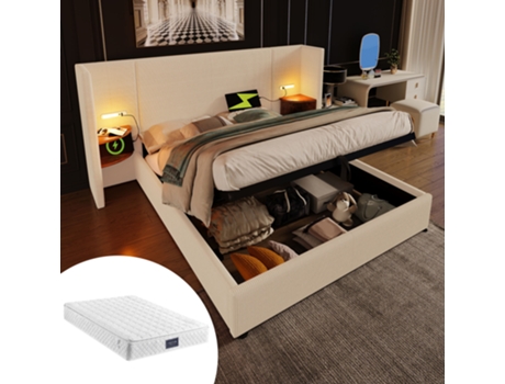 Cama Estofada Cama De Casal 160×200 Com Mesa De Cabeceira, Lâmpada De Leitura E Usb Type-c, Cama De Armazenamento, Bege-branco, Corduroycom Colchão