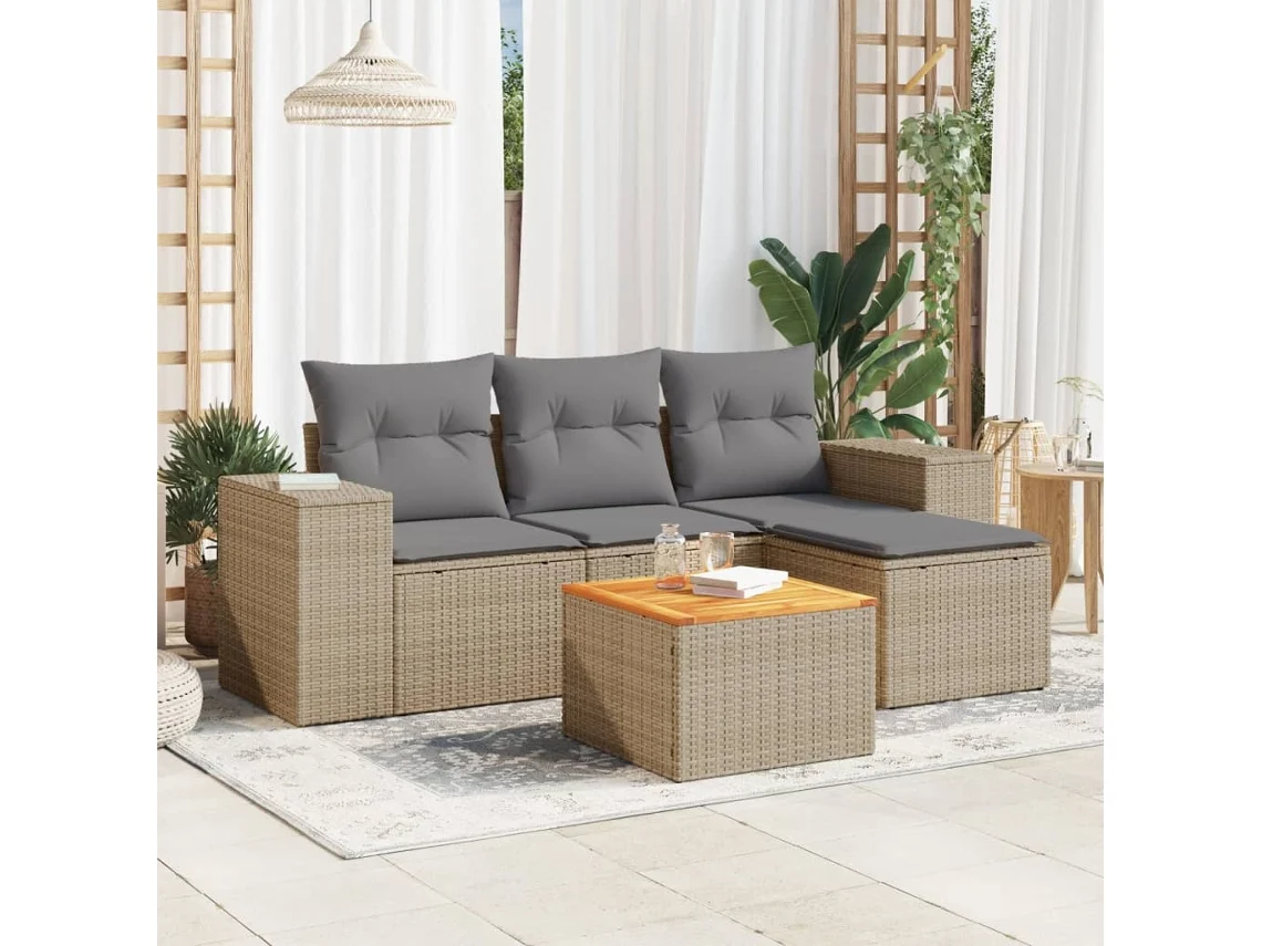 Vidaxl 5 Pcs Conjunto de Sofás P/ Jardim com Almofadões Vime Pe Bege