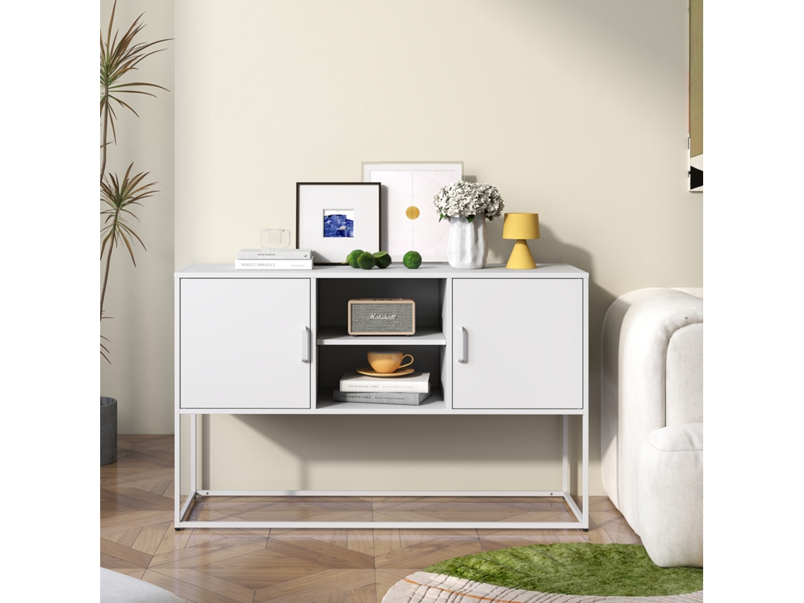 Armário De Metal Branco Com Buffet E Cofre, Construção Robusta E Design Elegante, 75x120x40 Cm.