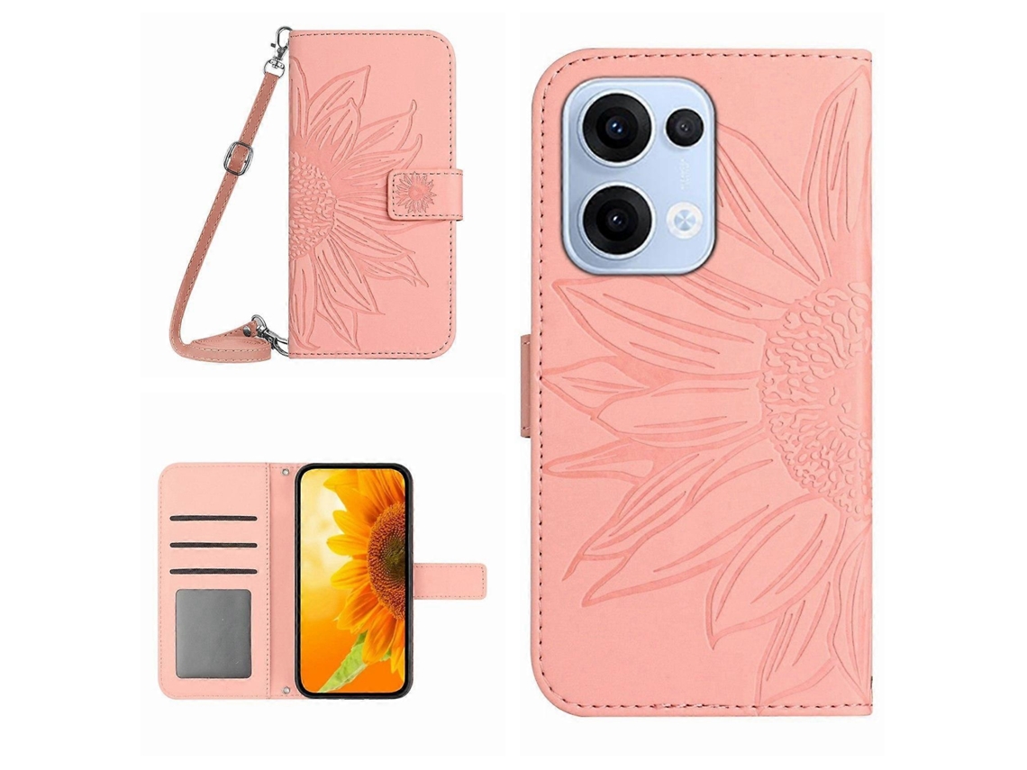 Capa De Celular De Couro Com Estampa De Girassol E Cordão Skin Feel