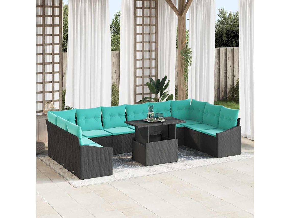 Vidaxl Conjunto De Sofás Com Almofada 11 Pcs Preto E Azul Vime Pe