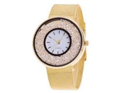 Relógio de Pulso de Quartzo com Pulseira de Malha e Rhinestones Flowing para Homens e Mulheres Dourado