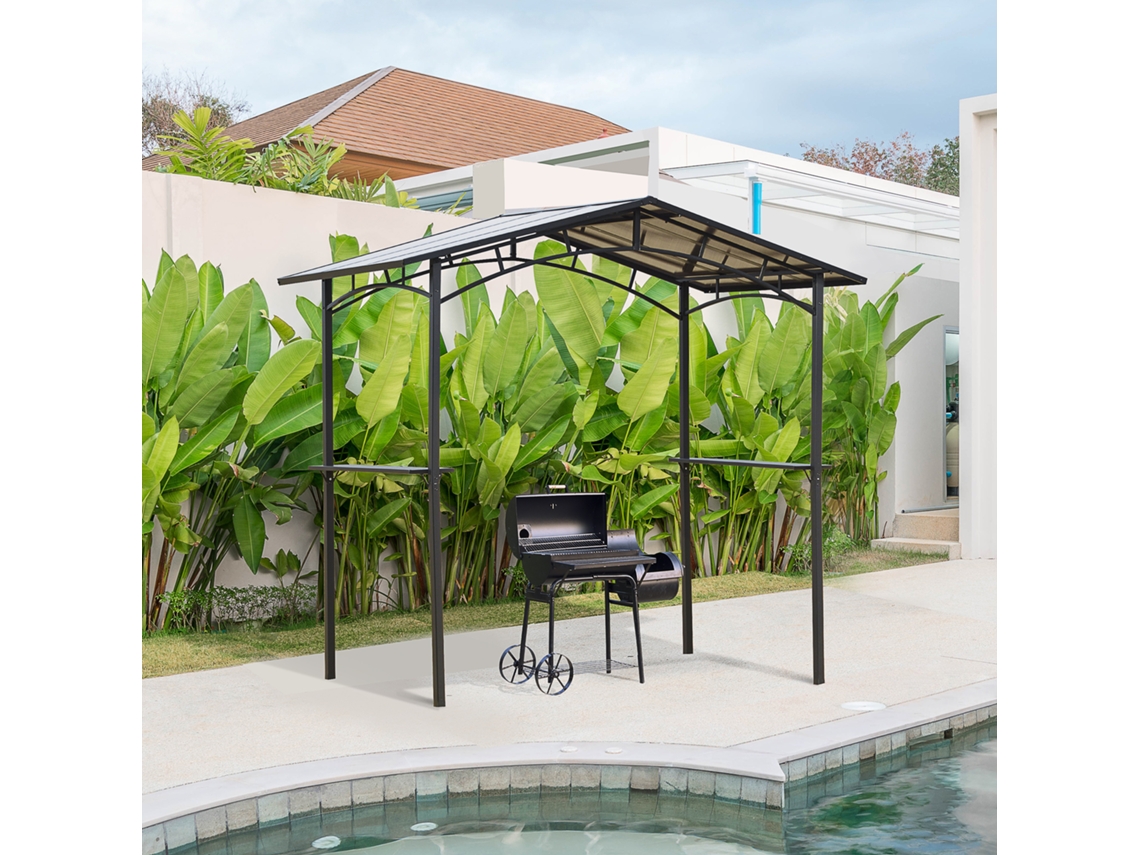 Pavilhão de Jardim 2,5 X 1,5 M Abrigo para Churrasco 2 Prateleiras Cobertura para Churrasqueira Metal Preto com Cobertura de Policarbonato