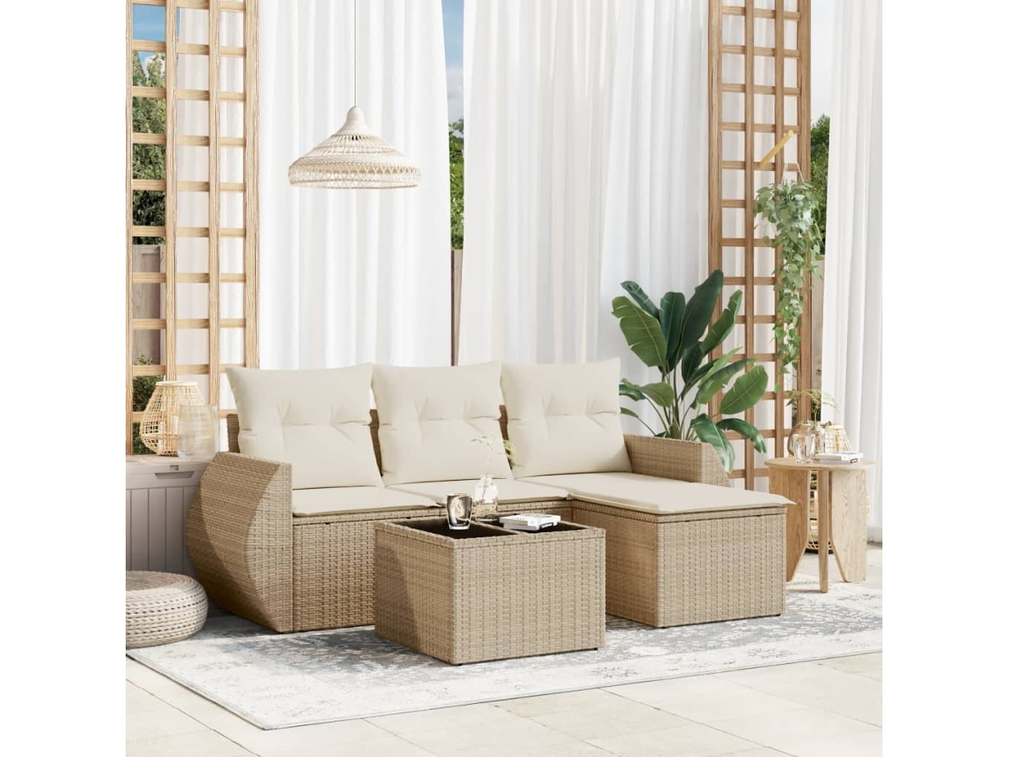 Vidaxl 5 Pcs Conjunto De Sofás P/ Jardim Com Almofadões Vime Pe Bege