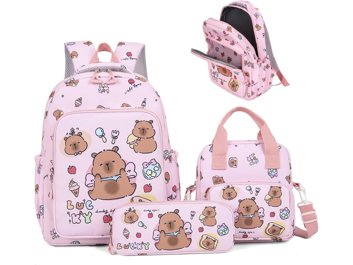 Conjunto Mochila Capivara Infantil De 3 Peças, Fofa Kawaii Com Lancheira Estojo, De Viagem Divertida Desenho