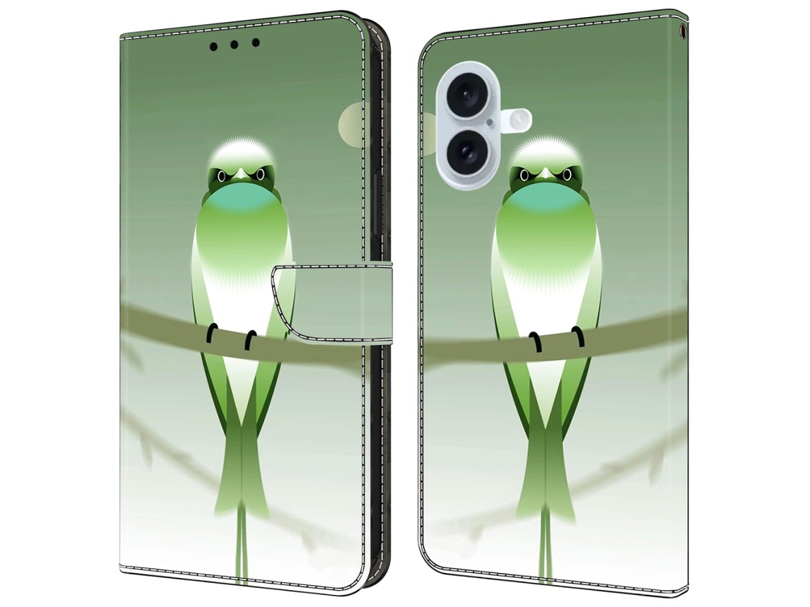Capa Em Couro Pu Com Suporte Para Apple Iphone 16 Plus - Pássaro Verde