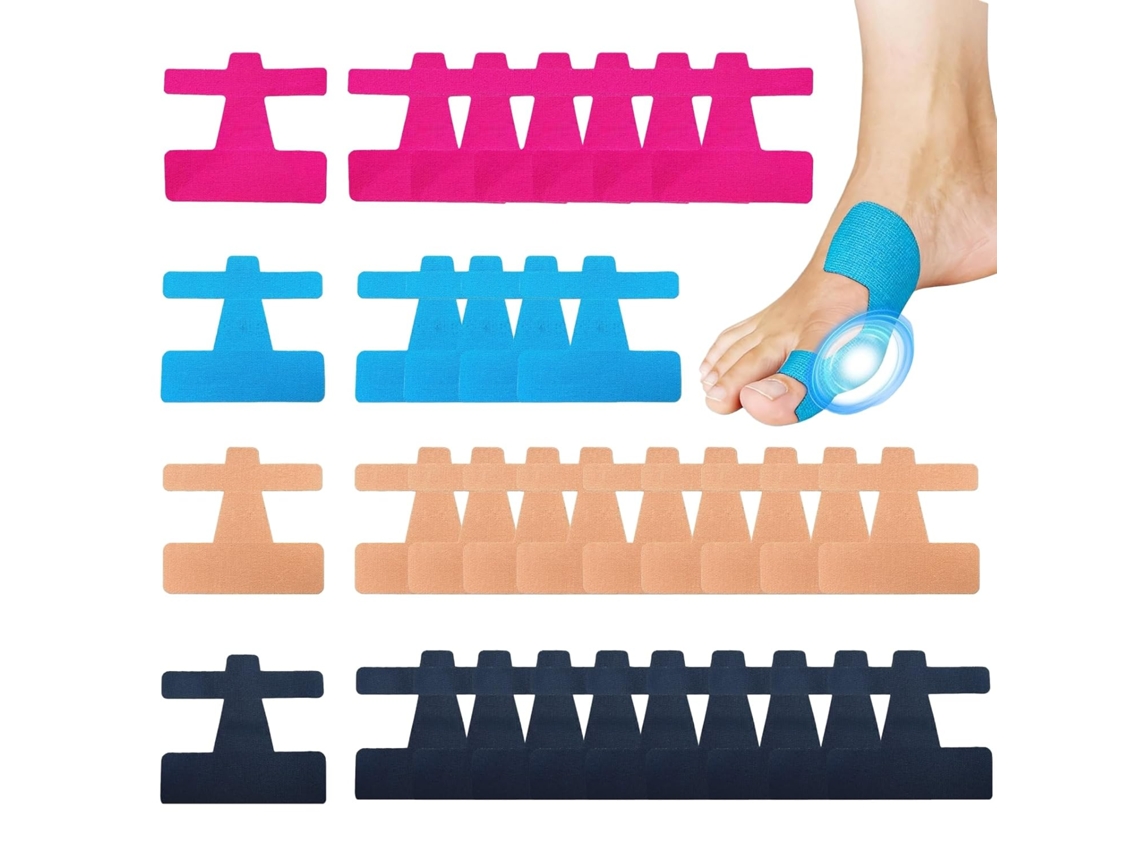 Fita Kinesiotape 40 Peças Joanete – Protetor Dedos – Banda Desportiva – Pré-cortada – Algodão – Preto/pele/azul/rosa