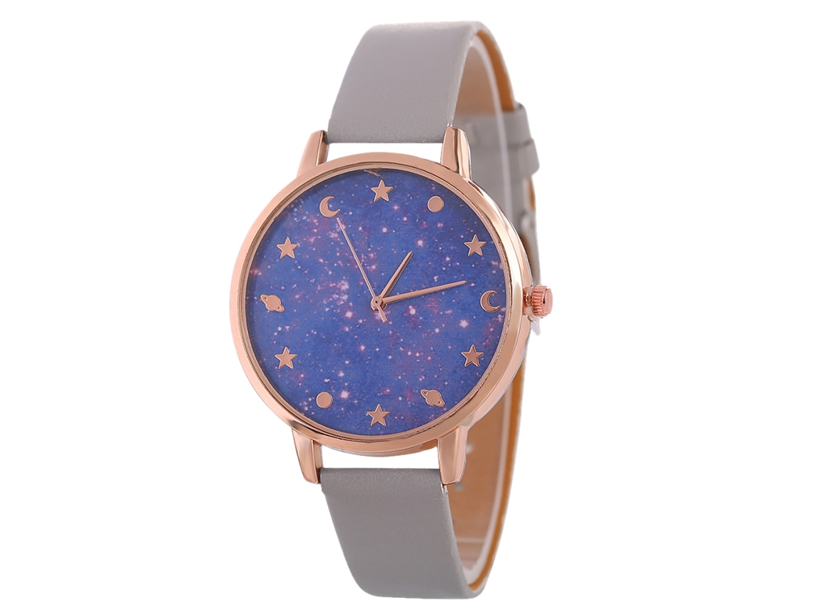 Relógio de Pulso Feminino de Quartzo com Esfera Céu Estrelado Roxo e Pulseira de Couro Cinza