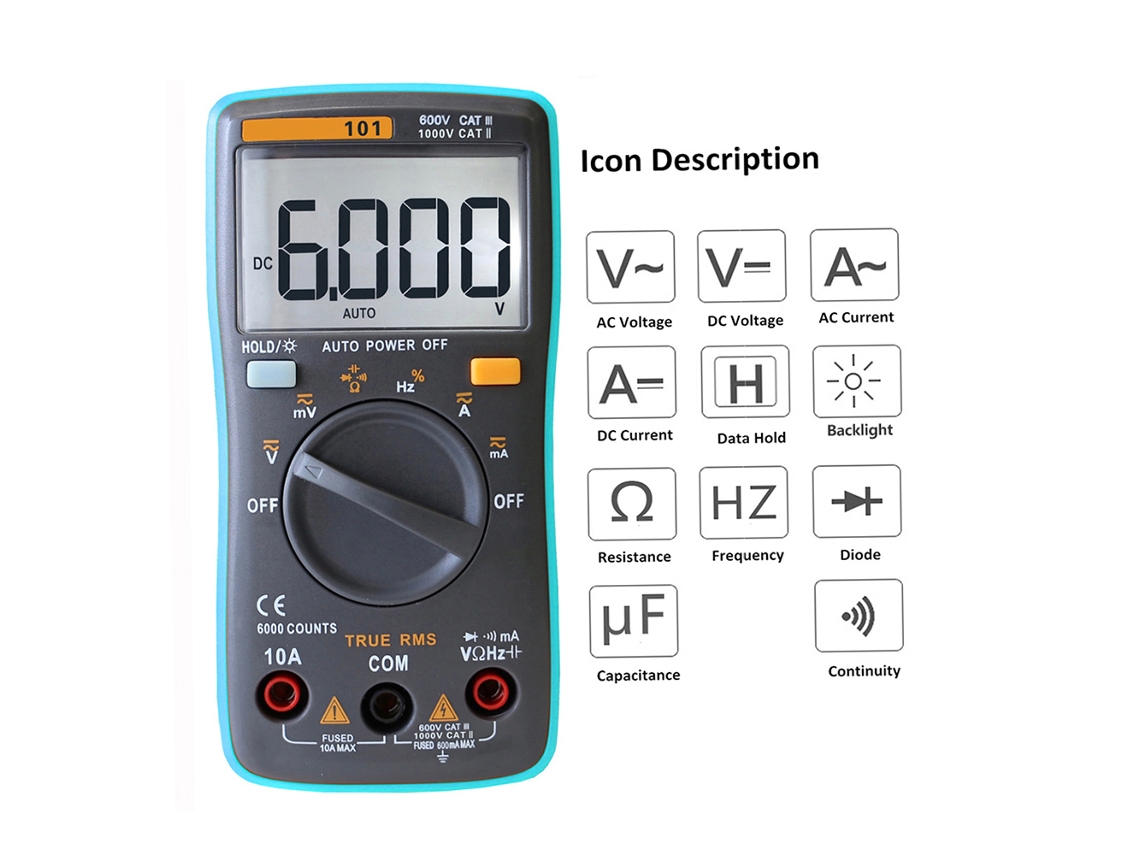 RICHMETERS RM101 Multímetro Digital LCD, True RMS, Tensão, Corrente, Resistência, Capacitância, Diodo | S/MARCA