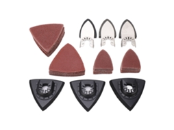 Kit de lixas para ferramenta oscilante com 106 peças: 6 discos triangulares e 100 folhas de lixa para metal.