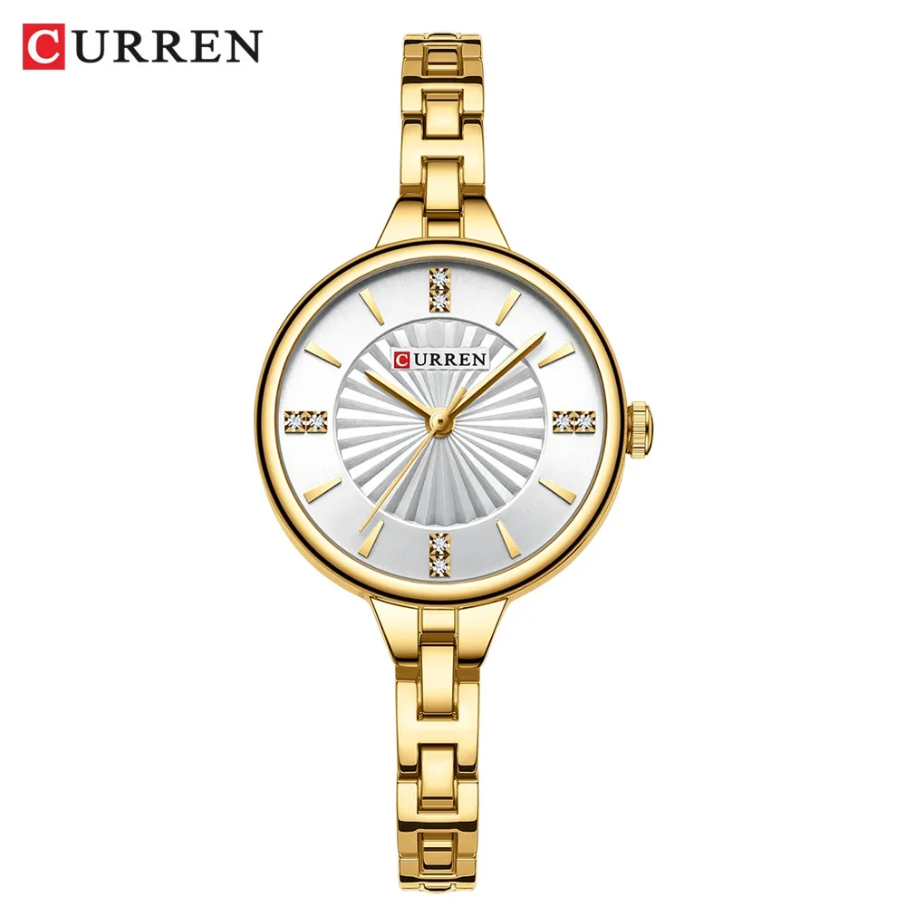 Simples e Romântico, Mostrador com Strass, Pulseira de Aço Inoxidável MDUG (dourado e Branco)