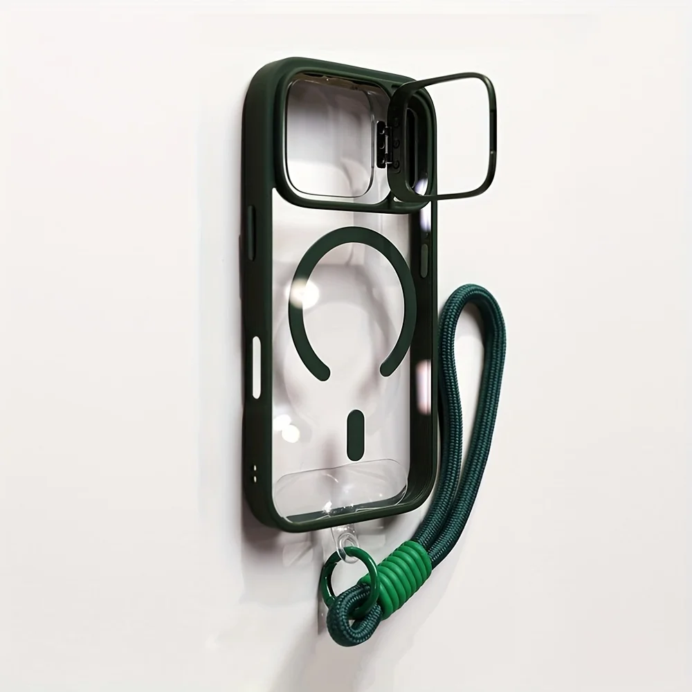 Capa Transparente Magnética Para Iphone 13 Pro (verde) Com Suporte Para Lente E Alça De Pulso Magsafe.