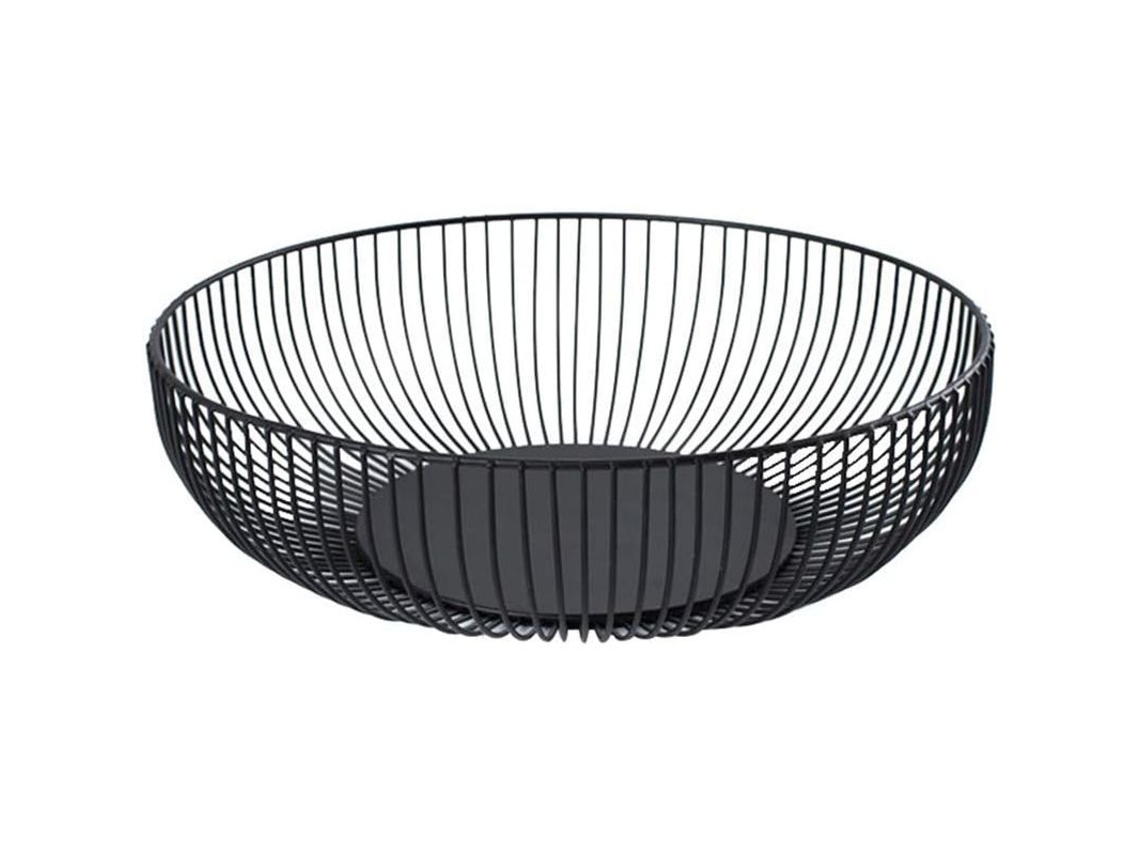 Cesto de frutas redondo em metal preto com design vazado para armazenamento decorativo de frutas, pão e petiscos.