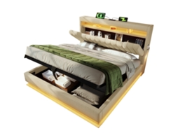 Cama de Casal Estofada PAPRIKA 140x200cm com Cabeceira Iluminada, arrumação Usb, hidráulica, em Linho Bege, sem Colchão