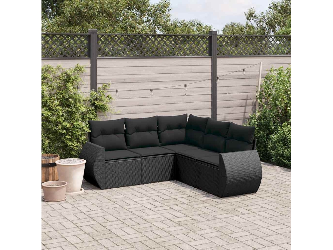 Vidaxl 5 Pcs Conjunto Sofás De Jardim Com Almofadões Vime Pe Preto