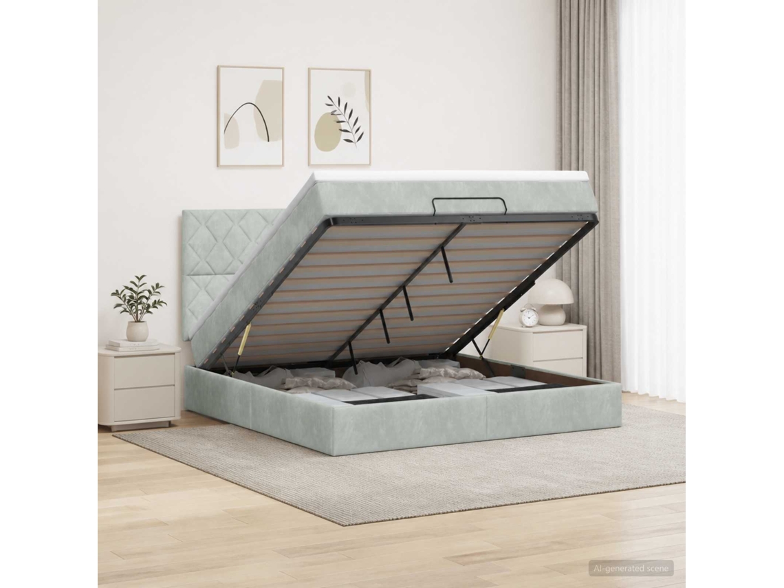 Vidaxl Cama De Armazenamento Led Com Colchão Cinzento-claro