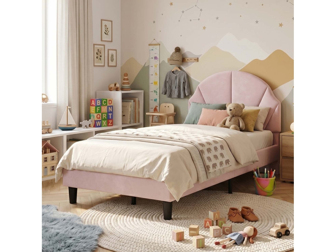 Cama infantil em veludo com cabeceira ajustável, rosa antigo, 90x200cm