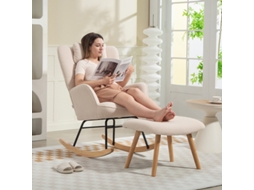 Cadeira Balouço Com Pufe Para Os Pés, Revestimento Em Fleece Macio, Pés De Madeira, Almofada, Encosto Alto, Poltrona Balouço, Bege
