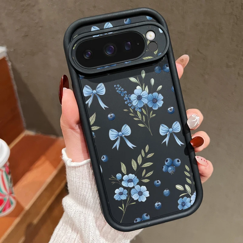 Capa Para Celular Google Pixel 8a Com Estampa De Laço Azul (preta), Em Tpu Resistente A Impactos.