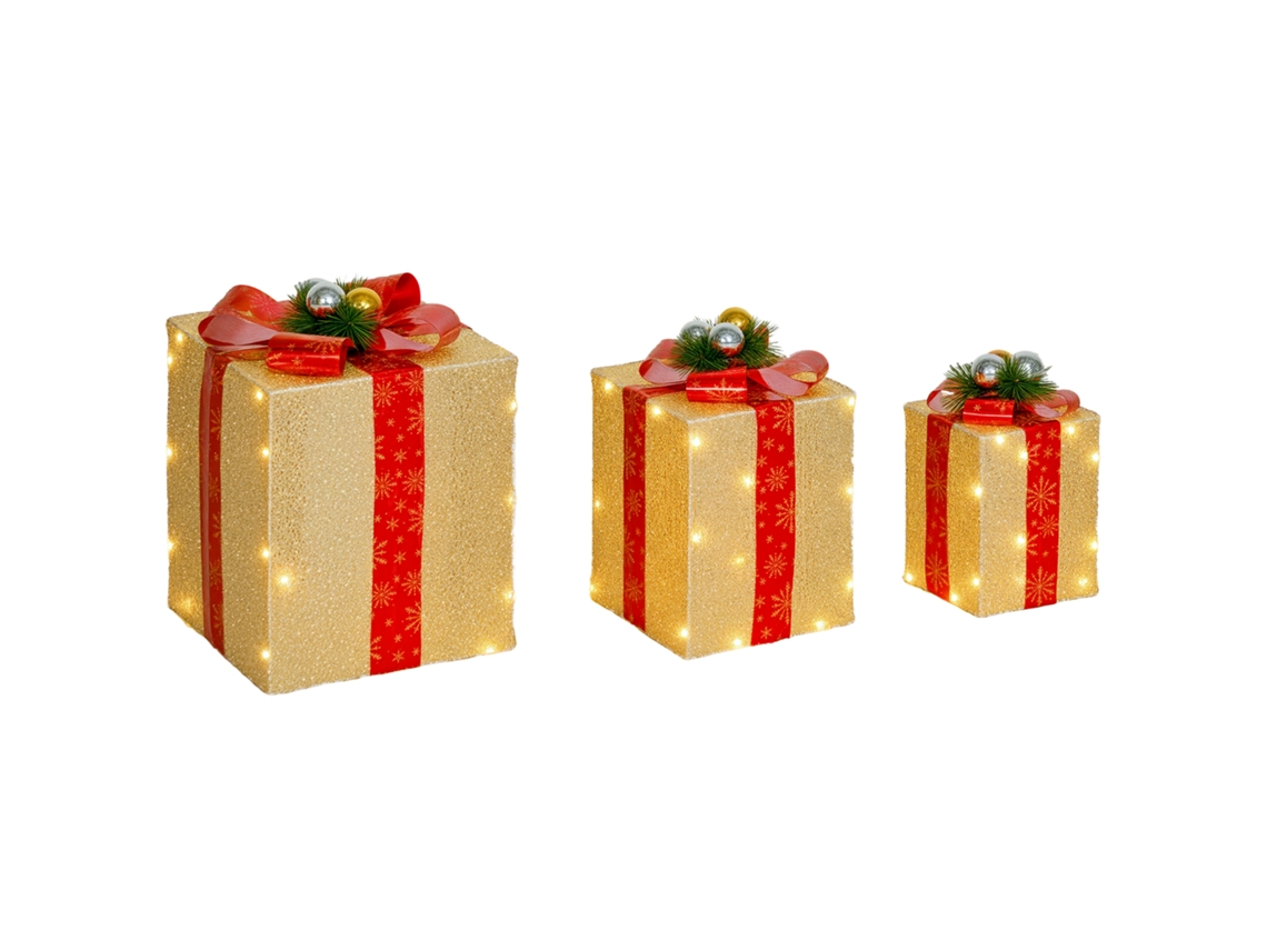 Lote 3 Caixas Presente 58 Leds Quente Árvore Natal Branco Dourado