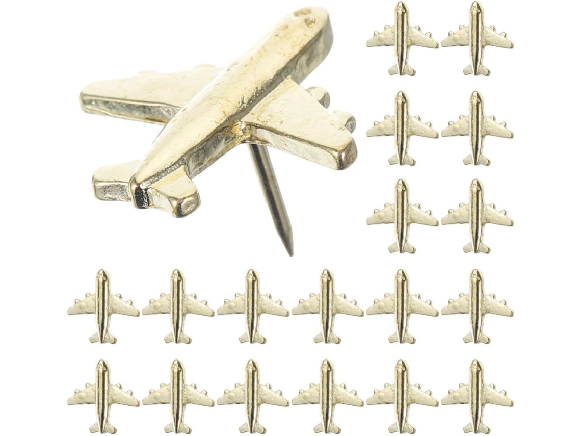 Pins decorativos em formato de avião, 30 peças, metal dourado