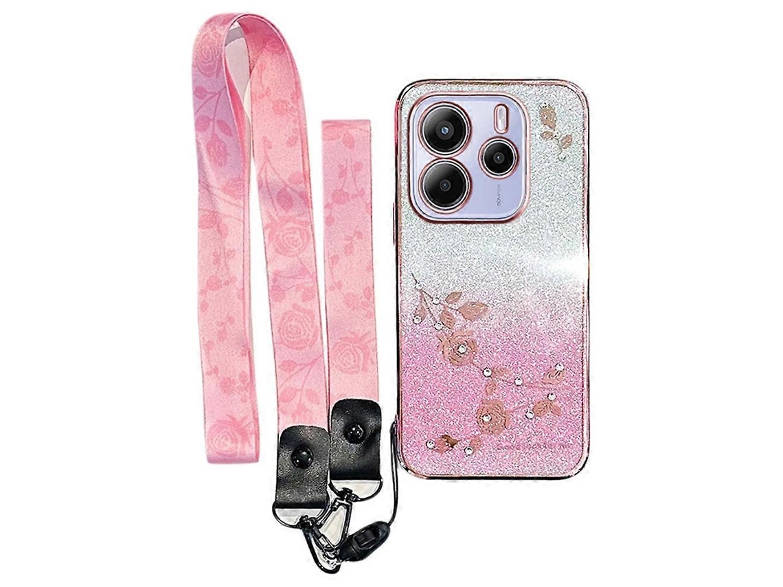 Capa Kadem Para Xiaomi Redmi Note 14 4g (164,84 Mm) Com Estampa Floral Em Tpu E Gradiente E Cordões Em Ouro Rosa