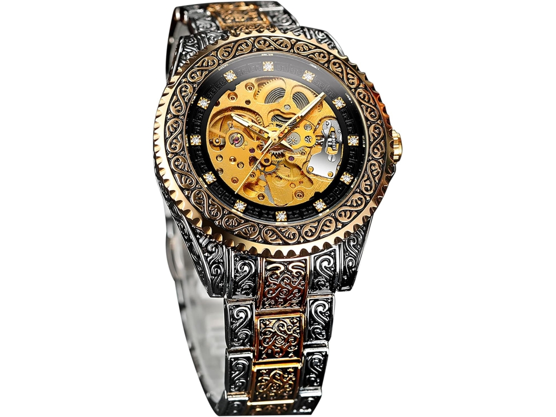 Lurelia Relógio Mecânico Masculino, Automático, Detalhes Com Strass, Mostrador Esqueleto, 44 Mm, Aço Inoxidável