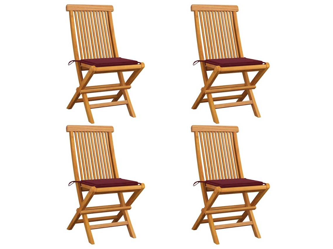 Vidaxl Cadeiras Jardim C/ Almofadões Vermelho Tinto 4 Pcs Teca Maciça