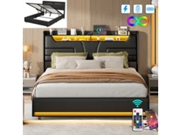 Cama Estofada 140x200 Cm, Cama De Casal, Com Caixa De Armazenamento, Usb Tipo C, Comando Remoto Para Luzes Led, Tecido De Couro Pu Preto