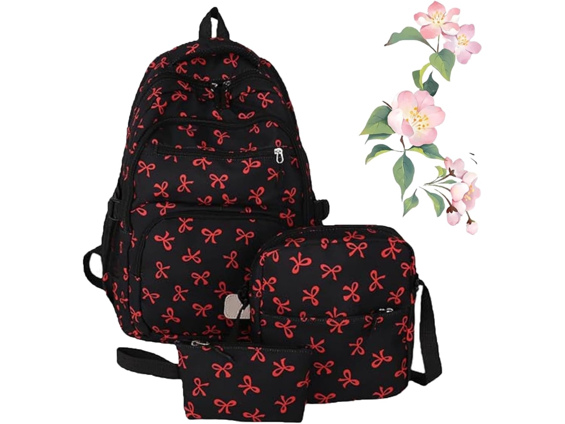 Conjunto 3 Mochilas Femininas Com Laços, Mochila Rosa Laço, Grande Capacidade, Estilo Universitário, Em Nylon