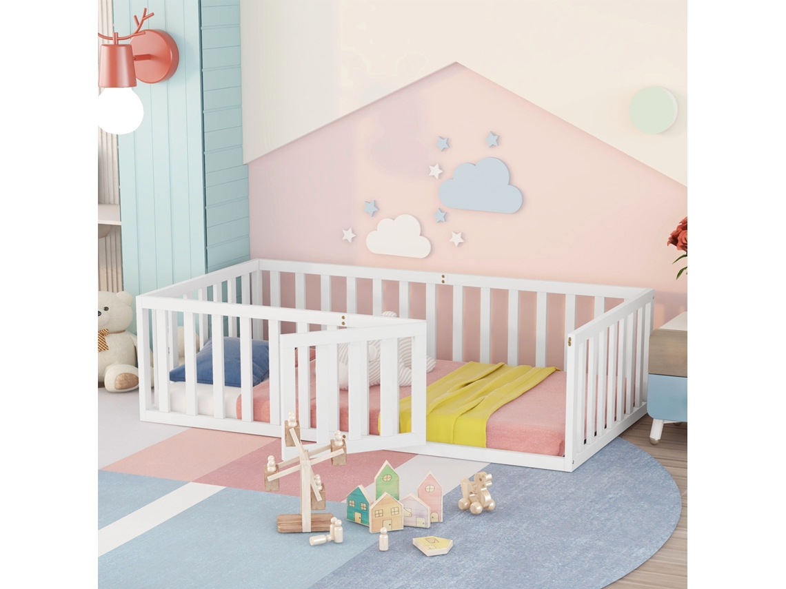 Cama Infantil 90 X 200, Estrutura De Cama De Madeira Com Cerca E Porta, Branca (wf316892aaw) Cs