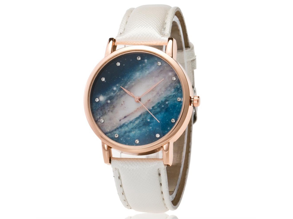 Relógio de Pulso Casal Zhoulianfa com Pulseira Pu Padrão Celeste Quadro Redondo Branco