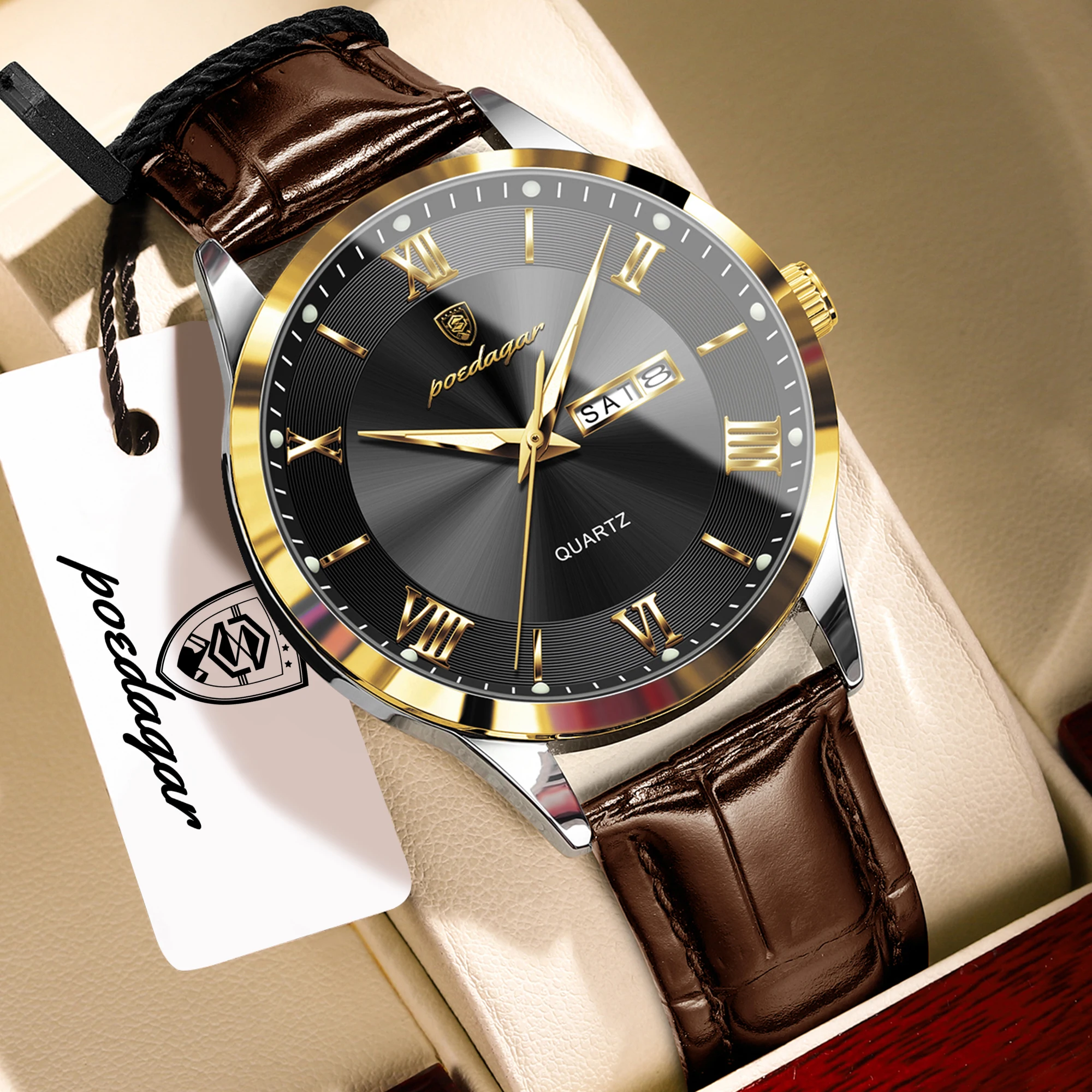 Relógio Masculino De Luxo (dourado E Preto), Pulseira De Couro Genuíno, À Prova D'água E Com Ponteiros Luminosos.