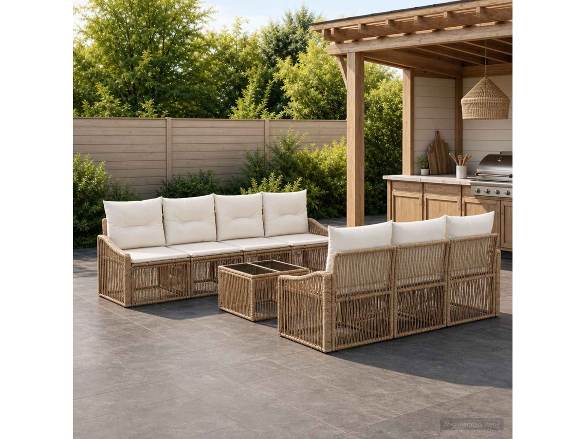 Vidaxl Conjunto De Sofá De Jardim 8 Unid. Bege Vime Pe