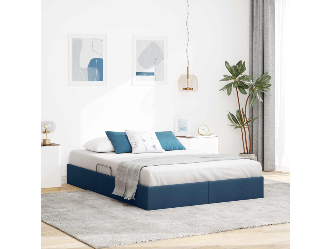 Vidaxl Estrutura De Cama Ottoman Azul 140 X 200 Cm Tecido